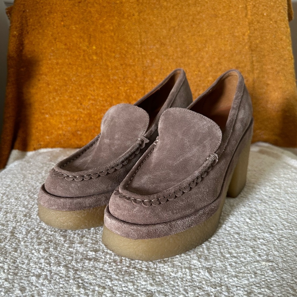 MARC FISHER Lina Natural Suede Chunky Heeled Platform Loafers 8.5
